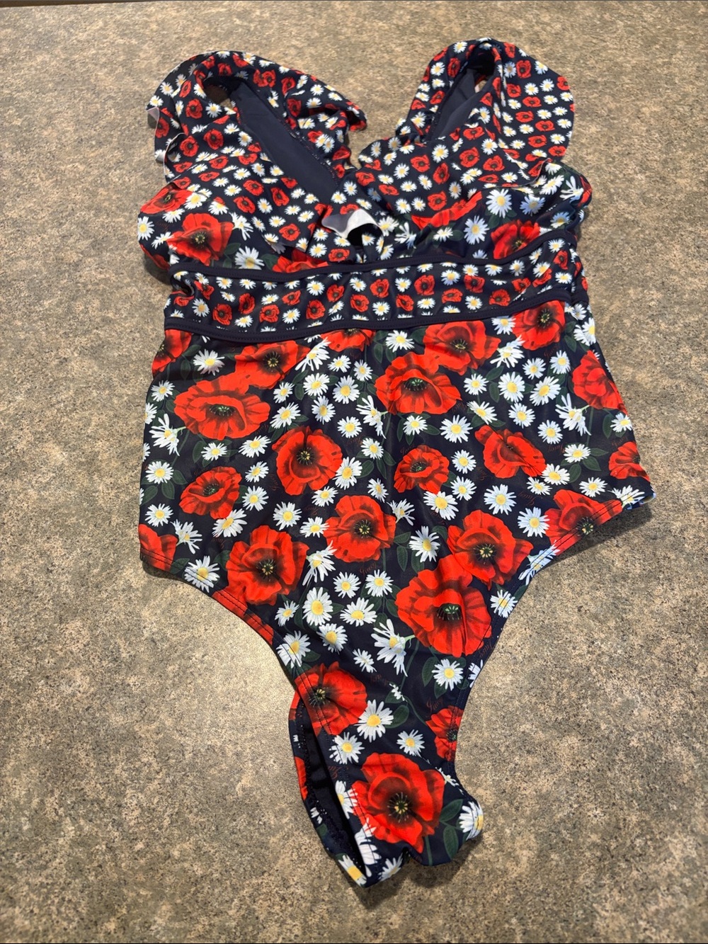 Juicy Couture Navy One-Piece Swimsuit with Red Poppy and White Daisy Print